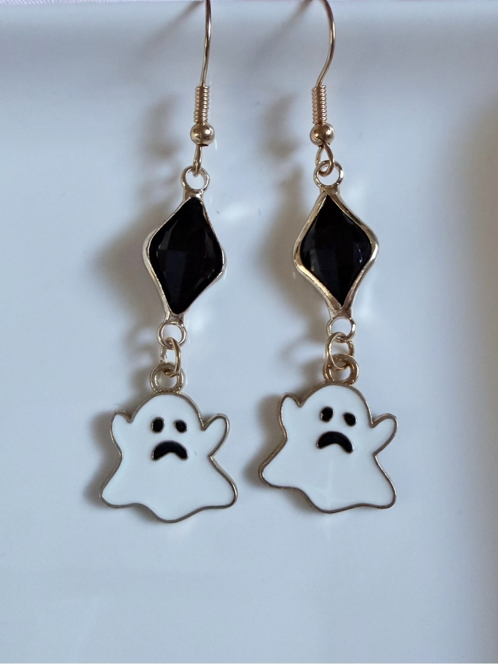 White Ghost Drop Earrings with Black Gem Accent - Women Jewelry